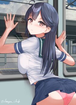 1girl ass back bent_over black_hair blush breasts brown_eyes closed_mouth commentary_request dangan_kurabu facing_away from_behind high-speed_train highres kantai_collection large_breasts long_hair looking_back on_train original overhead_line panties pink_panties pleated_skirt school_uniform serafuku skirt solo train underwear ushio_(kancolle)