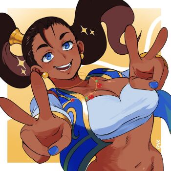 Rule 34 | 1girl, bad id, bad twitter id, black hair, blue eyes, blue nails, breasts, cleavage, double v, earrings, gradient background, jewelry, large breasts, long hair, looking at viewer, midriff, nail polish, navel, necklace, open mouth, ponytail, pullum purna, smile, solo, sparkle, street fighter, street fighter ex (series), upper body, v, vanillakittenn, yellow background