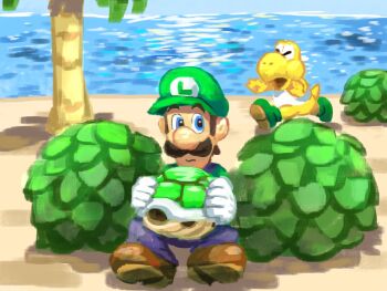 2boys angry beach blue_eyes blue_overalls brown_hair bush closed_eyes commentary facial_hair gloves green_hat green_shell_(mario) green_shirt hat hiding highres holding holding_shell koopa_troopa looking_around luigi male_focus mario_(series) multiple_boys mustache nintendo ocean open_mouth outdoors overalls palm_tree reptile_boy sand shell shirt shoes short_hair sitting symbol-only_commentary tree turtle_shell water white_shirt yamari_(ya_mari_6363)