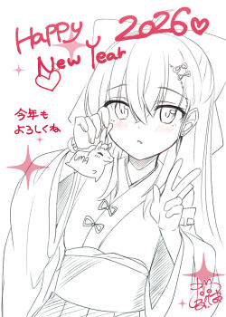 1girl 2026 ahoge blush bow chinese_zodiac commentary_request hair_between_eyes hair_bow hakama hakama_skirt happy_new_year highres holding japanese_clothes kimono long_hair long_sleeves looking_at_viewer maruma_(maruma_gic) monochrome new_year obi original parted_lips sash signature simple_background skirt solo sparkle translation_request very_long_hair white_background wide_sleeves year_of_the_horse