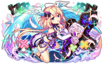 1girl ahoge alternate_costume ankle_boots ankle_socks aqua_eyes aqua_wings artist_request bare_shoulders belt belt_buckle black_boots black_bow black_choker black_garter_straps black_ribbon blonde_hair blue_ribbon blush boots bow bow_skirt buckle cel_shading choker cleavage_cutout closed_mouth clothing_cutout coffin crash_fever crop_top cross cross-laced_clothes cross-laced_skirt cross-laced_sleeves detached_sleeves eyelashes feathers finger_to_mouth flower frilled_sleeves frills full_body game_cg garter_straps hair_bow hair_ornament half-skirt head_wings heart heart_hair_ornament hexagon honeycomb_(pattern) jewelry juliet_sleeves jung_(crash_fever) leg_belt light_particles long_hair long_sleeves looking_at_viewer medium_hair midriff miniskirt neck_ribbon number_print numbered official_alternate_costume official_art outline overskirt pencil_skirt pendant print_skirt puffy_sleeves red_outline ribbon ring rose shirt side_slit skirt sleeve_bow sleeveless sleeveless_shirt socks solo sparkle square square_print stage_lights striped_bow tachi-e teeth thigh_strap third-party_source transparent_background very_long_hair white_belt white_feathers white_flower white_rose white_shirt white_skirt white_sleeves white_socks wings