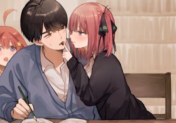 1boy 2girls ahoge antenna_hair black_cardigan black_hair black_ribbon blush bookshelf brown_eyes butterfly_hair_ornament cardigan chair chocolate commentary drooling eye_contact feeding go-toubun_no_hanayome hair_ornament hair_ribbon highres holding holding_pencil indoors long_sleeves looking_at_another medium_hair memidesuyo multiple_girls nakano_itsuki nakano_nino notebook pencil pink_hair purple_eyes red_hair ribbon short_hair siblings sisters star_(symbol) star_hair_ornament sweatdrop uesugi_fuutarou upper_body