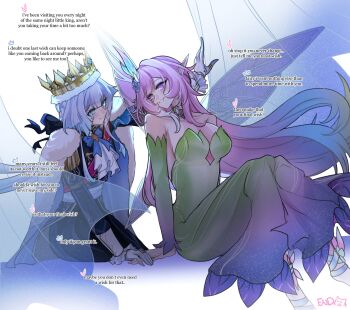 2girls alternate_costume alternate_species arm_up ascot backlighting bare_shoulders black_bow black_pants blue_eyes blue_flower blue_ribbon bow braid breasts bright_pupils brooch cape cerydra_(honkai:_star_rail) choikfu commentary couple crown curtains cyrene_(honkai:_star_rail) cyrene_(ripples_of_past_reverie)_(honkai:_star_rail) detached_sleeves diamond-shaped_pupils diamond_(shape) dress english_commentary english_text epaulettes eye_contact fairy fairy_wings feet_out_of_frame flower formal_clothes frilled_sleeves frills fur-trimmed_crown fur_cape fur_trim gloves gold_ring green_dress green_sleeves grin hair_bow hair_flower hair_ornament hand_on_another&#039;s_hand highres honkai:_star_rail honkai_(series) jewelry king kishimen_hair knees_up large_breasts long_dress long_hair looking_at_another middle_ring multicolored_hair multiple_girls nape_braid neck_ribbon ouji_fashion pants pink_eyes pink_hair pink_wings pointed_crown pointy_ears profile ribbon sash see-through_curtains shoulder_sash simple_background sitting sleeve_cuffs smile straight_hair strapless strapless_dress streaked_hair symbol-shaped_pupils talking thumb_ring turning_head two-tone_hair very_long_hair white_ascot white_background white_cape white_gloves white_hair white_pupils white_streaks wings yuri