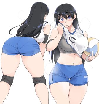 1girl arato_nagi ass ball blue_shorts breasts commentary grey_sports_bra highres holding holding_ball knee_pads large_breasts long_hair looking_at_viewer midriff multiple_views navel purple_eyes ruri_no_houseki shirt shorts simple_background sports_bra sportswear sweat thighs untranslatable_commentary very_long_hair volleyball_(object) white_background white_shirt zekkyon