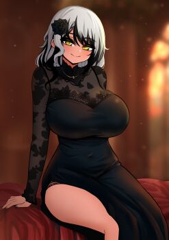 1girl absurdres black_dress black_hair blurry blurry_background blush breasts cleavage closed_mouth covered_navel dress flower hair_flower hair_ornament half-closed_eyes highres huge_breasts jewelry lace_trim looking_at_viewer mole multicolored_hair nail_polish necklace original see-through_cleavage see-through_clothes see-through_sleeves side_slit sitting smile solo the_only_shoe two-tone_hair white_hair yellow_eyes