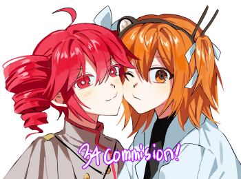 2girls a.i._voice adachi_rei ahoge belt black_belt black_shirt bow bright_pupils buttons cheek-to-cheek closed_mouth double-breasted fang flat_chest hair_bow hair_ribbon headlamp heads_together highres jacket kasane_teto kasane_teto_(sv) looking_at_viewer multiple_girls one_eye_closed open_clothes open_jacket orange_eyes orange_hair ponytail radio_antenna red_eyes red_trim ribbon samsap shirt shoulder_belt shoulder_boards side_ponytail simple_background skin_fang smile synthesizer_v utau white_bow white_jacket white_pupils white_ribbon