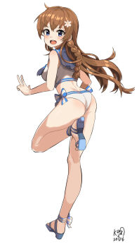 1girl ass bikini blue_eyes braid breasts brown_hair floating_hair flower from_behind full_body hair_flower hair_ornament high_heel_sandals highres idolmaster idolmaster_million_live! kousaka_umi leg_up long_hair looking_at_viewer looking_back myeolchi open_mouth sailor_bikini sailor_collar sailor_swimsuit_(idolmaster) sandals simple_background solo standing standing_on_one_leg swimsuit teeth upper_teeth_only w white_background white_bikini white_flower