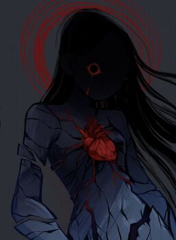 Rule 34 | 1girl, black hair, blood, bloody tears, colored skin, commentary, cracked skin, english commentary, feefal, floating hair, grey skin, heart (organ), highres, long hair, navel, no nipples, nude, original, procreate (medium), red eyes, solo