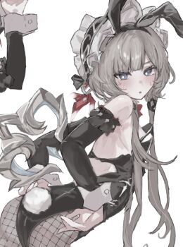 1girl animal_ear_hairband animal_ears bare_shoulders black_collar black_leotard black_ribbon black_sleeves blue_eyes blush bonnet breasts brown_hair collar detached_collar detached_sleeves fake_animal_ears fake_tail fishnet_pantyhose fishnets genshin_impact hair_ribbon hairband headdress highres leotard long_sidelocks long_sleeves nayuta_(8888_mugen) open_mouth pantyhose petite rabbit_ear_hairband rabbit_ears rabbit_girl rabbit_tail ribbon sandrone_(genshin_impact) short_hair_with_long_locks sidelocks simple_background strapless strapless_leotard sweatdrop tail twintails white_headdress winding_key wrist_cuffs