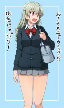 ! !? 1girl :o absurdres anchovy_(girls_und_panzer) aqua_background artist_request bare_legs bow drill_hair girls_und_panzer hair_down highres miniskirt necktie pants red_bow red_eyes school_uniform skirt solo sweater translation_request wide_hips