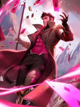 1boy bodysuit carlos_morilla coat covered_abs deadpool_&amp;_wolverine feet_out_of_frame from_below gambit highres long_sideburns male_focus marvel mature_male pants psychic remy_lebeau sideburns smile solo sparse_stubble standing superhero_costume telekinesis trench_coat x-men