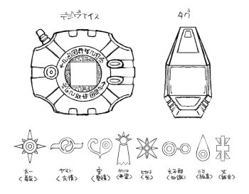 circle crests_(digimon) cross digimon digivice heart monochrome square sun translation_request