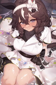 1girl animal_ears bow braid breasts brown_hair brown_sweater closed_mouth curren_bouquetd'or_(umamusume) hair_between_eyes hair_bow hairband highres horse_ears horse_tail jacket large_breasts long_hair looking_at_viewer partially_submerged purple_eyes short_sleeves sitting solo sweater tail thighs twin_braids umamusume wet wet_hair white_bow white_hairband white_jacket zzo0