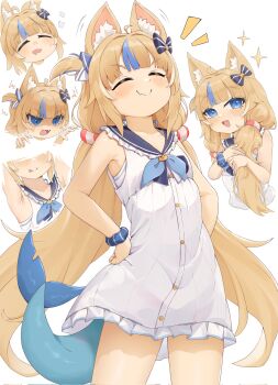 1girl absurdres ahoge animal_ear_fluff animal_ears bikini blonde_hair blue_bikini blue_bow blue_eyes blue_sky blue_streaks blush bow cat_ears closed_eyes cloud commentary cowboy_shot crop_top dress ear_bow english_commentary fang fins fish_girl fish_tail frilled_sailor_collar frills highres indie_virtual_youtuber lifebuoy_hair_ornament long_hair looking_at_viewer low_twintails multicolored_hair multiple_views one_side_up open_mouth outdoors paper_boat rainbow sailor_collar sameko_saba sameko_saba_(1st_costume) short_shorts shorts side-tie_bikini_bottom sky smile solo streaked_hair swimsuit swimsuit_under_clothes syarrchan tail twintails variant_set very_long_hair virtual_youtuber white_dress