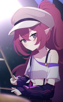 1girl absurdres alternate_costume alternate_hairstyle arm_warmers blue_archive breasts closed_mouth collarbone commentary crop_top drum drum_set drumsticks fluffy_hair grey_eyes halo hat high_ponytail highres holding holding_drumsticks instrument iroha_(blue_archive) midriff navel off_shoulder pointy_ears ponytail red_hair shirt sitting sky_jio slit_pupils small_breasts smile solo stomach upper_body white_hat white_shirt