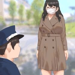 1boy 1girl animated areola_slip bikini black_hair blurry blurry_background breasts emphasis_lines face_mask flashing glasses huge_breasts jiggle long_hair mask mouth_mask navel original outdoors ryokucha_michi standing surgical_mask swimsuit tagme video white_bikini