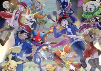 3boys 4girls absurdres animal_ears ash-greninja ash_ketchum bare_arms baseball_cap black_footwear black_hair black_thighhighs blonde_hair blue_eyes bonnie_(pokemon) boots braixen brother_and_sister brown_footwear brown_hair calem_(pokemon) chesnaught chespin clemont_(pokemon) dark-skinned_female dark_skin dedenne delphox dosya_252 eyewear_on_headwear fingerless_gloves fire fox_ears furry gen_1_pokemon gen_6_pokemon glasses gloves glowing glowing_eye greninja grey_eyes hat highres in-franchise_crossover light_brown_hair lumiose_city multiple_boys multiple_girls night nintendo open_mouth pikachu pleated_skirt pokemon pokemon_(anime) pokemon_(creature) pokemon_xy pokemon_xy_(anime) red_eyes red_headwear serena_(pokemon) shauna_(pokemon) siblings skirt sky smile sunglasses teeth thighhighs