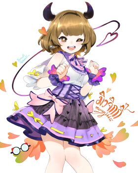 Rule 34 | 1girl, bare legs, bare shoulders, black-framed eyewear, black hairband, black horns, black skirt, bnk48, bow, bow skirt, bowtie, bright pupils, brown eyes, brown hair, buttons, character name, clenched hands, collared shirt, commentary, corset, cowboy shot, demon girl, demon horns, demon tail, detached horns, detached sleeves, dot nose, dress shirt, earrings, english commentary, eyelashes, fingernails, floating clothes, floating earrings, frilled shirt, frilled skirt, frilled sleeves, frilled wrist cuffs, frills, glasses, hairband, happy, heart, heart-shaped pupils, heart print, highres, horns, jewelry, knees, light blush, looking at viewer, medium hair, miniskirt, one eye closed, open mouth, patipat asavasena, pink bow, pink bowtie, pink nails, pleated skirt, puffy short sleeves, puffy sleeves, purple corset, purple wrist cuffs, red tail, ribbon-trimmed skirt, ribbon trim, round eyewear, shirt, short sleeves, single stripe, skirt, sleeveless, sleeveless shirt, smile, solo, standing, striped bow, striped bowtie, striped clothes, symbol-shaped pupils, tail, teeth, unworn eyewear, upper teeth only, white background, white pupils, white shirt, white sleeves, wrist cuffs