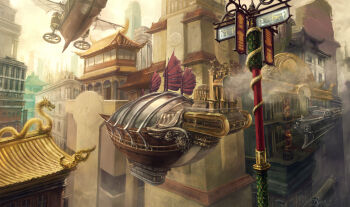 abend86 absurdres building car day dragon eastern_dragon engine exhaust_pipe fantasy highres hover_vehicle middle_eastern_architecture motor_vehicle no_humans original outdoors road_sign scenery sign statue steampunk utility_pole