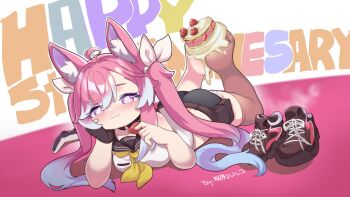 1girl ahoge animal_ear_fluff animal_ears artist_name ass bare_shoulders black_gloves blush bow bowtie breasts brown_thighhighs cake closed_mouth controller fingerless_gloves food fox_ears fox_girl frilled_shorts frills fruit game_controller gloves glowing glowing_eyes gradient_hair hair_between_eyes hair_ribbon hand_on_own_face happy_anniversary heart heart-shaped_pupils highres holding holding_food indie_virtual_youtuber legs_up long_bangs long_hair looking_at_viewer lying multicolored_hair on_stomach pink_hair purple_eyes ribbon sakurami_sumi shirt shoes short_shorts shorts sidelocks signature simple_background smile sneakers soles solo steam strawberry symbol-shaped_pupils teletha_(vtuber) thighhighs twintails unworn_shoes very_long_hair waist_bag white_shirt yellow_bow yellow_bowtie