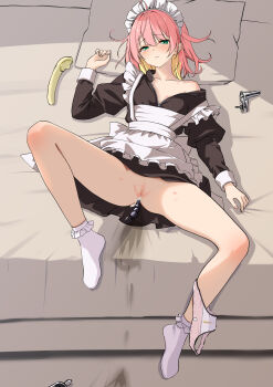 1girl aftersex anal anal_beads anal_object_insertion ankle_socks apron aqua_eyes arm_at_side black_dress blush censored closed_mouth clothes_lift colored_inner_hair cum dildo dress dress_lift frilled_socks frills fukouko_(keisuke309) full_body hand_up hickey highres keisuke309 knee_up looking_at_viewer lying maid maid_apron maid_headdress mosaic_censoring multicolored_hair no_panties object_insertion on_back on_bed original panties panties_around_leg panty_tag partially_unzipped pee_stain pink_hair pink_panties pussy sex_toy socks solo spread_legs stained_panties stained_sheets underwear white_apron white_socks