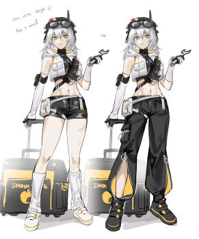 1girl absurdres black_hat black_pants black_shoes black_shorts blonde_hair commentary_request crop_top cropped_jacket full_body goddess_of_victory:_nikke goggles goggles_on_head hat highres holding holding_wrench jacket midriff multiple_views navel open_clothes open_jacket pants scar scar_on_stomach scar_on_thigh shoes shorts snow_white_(nikke) standing tokkyu white_hair white_shoes wrench