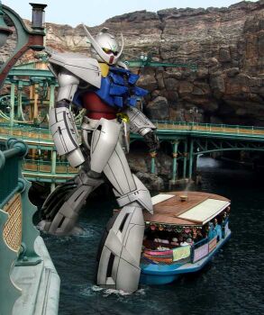 3d boat building commentary_request disneyland gundam hiropon_(tasogare_no_puu) machinery mecha mecha_focus mobile_suit photo_background realistic robot rock science_fiction ship turn_a_gundam turn_a_gundam_(mobile_suit) water watercraft
