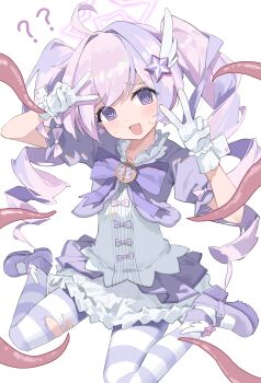 1girl @_@ absurdres blue_archive blush bow double_v drill_hair fang5hine gloves hair_ornament halo highres jacket long_hair looking_at_viewer multicolored_hair official_alternate_costume official_alternate_hairstyle open_mouth purple_bow purple_eyes purple_hair purple_halo purple_jacket purple_shoes purple_skirt purple_thighhighs reisa_(blue_archive) reisa_(magical)_(blue_archive) shirt shoes short_sleeves sidelocks skirt solo star_(symbol) star_hair_ornament striped_clothes striped_thighhighs sweat tentacles thighhighs torn_clothes torn_thighhighs twin_drills two-tone_hair v white_gloves white_shirt wing_hair_ornament