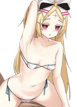 1boy 1girl arm_up armpits bikini blonde_hair blush bow breasts censored commentary_request cowboy_shot cowgirl_position expressionless eyepatch_bikini girl_on_top hair_bow hetero long_hair mahou_shoujo_ni_akogarete morino_korisu navel nero_alice nouka open_mouth pussy red_eyes scribble_censor sex simple_background small_breasts solo_focus straddling swimsuit vaginal white_background white_bikini white_bow