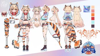1girl absurdres animal_ears bandages bandana baseball_bat bikini blonde_hair breasts cat_ears closed_mouth ebiko_(vtuber) gauze gauze_on_arm gauze_on_leg highres indie_virtual_youtuber jacket large_breasts multicolored_hair nail_(hardware) nail_bat navel navel_piercing official_art orange_eyes orange_hair orange_nails piercing pubic_tattoo razor_blade red_bandana reference_sheet see-through_clothes see-through_jacket see-through_shorts shorts shrimp_girl shrimp_hair_ornament shrimp_tail spiked_bat spiked_belt spiked_thigh_strap sticker sticker_on_arm sticker_on_leg striped_bikini striped_clothes swimsuit tail_belt tattoo two-tone_hair wijwitchangel
