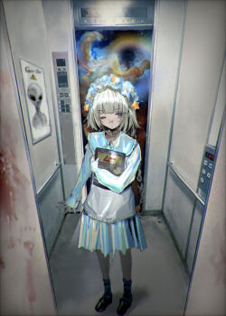 1girl absurdres alien bandaid bandaid_on_face bandaid_on_nose black_shoes blonde_hair blood blood_on_wall blue_skirt elevator frilled_hairband frills full_body grey_alien grey_sweater_vest hairband hayu_(hayu0305) highres holding indoors long_sleeves looking_at_viewer one_eye_closed original poster_(object) shoes skirt solo space standing sweater_vest