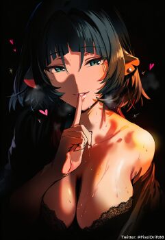 1girl animal_ears black_hair blue_eyes bra breasts cleavage dark_background highres jane_doe_(zenless_zone_zero) large_breasts looking_at_viewer mouse_girl pixeldrift88 underwear zenless_zone_zero