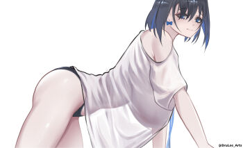 1girl absurdres all_fours black_panties blue_eyes blue_hair bow bow_earrings breasts brulee closed_mouth colored_inner_hair earrings from_side hair_intakes highres hololive hololive_english jewelry large_breasts looking_at_viewer multicolored_hair no_pants ouro_kronii panties see-through_silhouette shirt short_hair simple_background solo t-shirt underwear virtual_youtuber white_background white_shirt