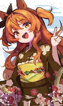 1girl :d animal_ears black_bow blue_background bow commentary_request cowboy_shot ear_bow egasumi floral_print floral_print_kimono green_kimono hair_between_eyes horse_ears horse_girl jamir japanese_clothes kimono long_hair long_sleeves looking_at_viewer mayano_top_gun_(umamusume) obi obijime open_mouth orange_eyes orange_hair print_kimono sash smile solo teeth two_side_up umamusume upper_teeth_only v white_background wide_sleeves yellow_sash