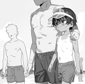 1girl barbarian_tk crossdressing crossdressing_(ftm) flat_chest greyscale loli male_swimwear male_swimwear_challenge monochrome multiple_boys nipples original short_hair swim_trunks tan tanline topless_female visor_cap
