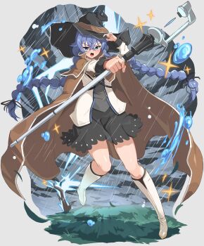1girl blue_eyes blue_hair blue_skirt blush boots braid brown_cloak cloak cloud cloudy_sky commentary_request crossed_bangs full_body grey_background grey_shirt grey_sky hands_up hat highres holding holding_staff jacket knee_boots lightning long_braid long_hair long_sleeves looking_at_viewer mage_staff magic mushoku_tensei onabe915 open_mouth outdoors rain roxy_migurdia shirt simple_background skirt sky sparkle staff standing standing_on_one_leg storm thighs twin_braids very_long_hair water white_boots white_jacket witch_hat