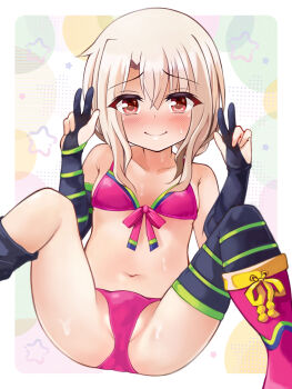 1girl asymmetrical_gloves asymmetrical_legwear bare_shoulders bikini black_gloves black_thighhighs blush boots breasts collarbone commentary_request double_bun fate/grand_order fate_(series) gloves hair_bun highres illyasviel_von_einzbern illyasviel_von_einzbern_(swimsuit_archer) illyasviel_von_einzbern_(swimsuit_archer)_(third_ascension) long_hair looking_at_viewer mochi_(k620803n) navel partially_fingerless_gloves pink_bikini pink_boots red_eyes revision sidelocks small_breasts smile solo spread_legs swimsuit thighhighs thighs white_hair
