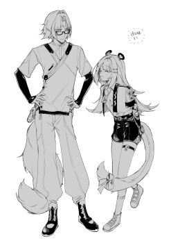 1boy 1girl absurdres animal_ear_fluff animal_ears atsurai black_shoes black_shorts black_sleeves blush bow chinese_clothes closed_eyes closed_mouth facial_mark forehead_mark full_body glasses greyscale hair_intakes hands_on_own_hips hashtag-only_commentary high-waist_shorts highres jacket ju_fufu long_hair looking_at_another medallion monochrome shoes short_hair shorts standing standing_on_one_leg tail tail_bow tail_ornament thigh_strap tiger_ears tiger_girl tiger_tail white_background ye_shiyuan yellow_jacket zenless_zone_zero