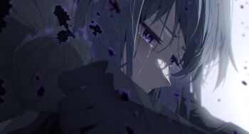 2girls black_cloak castorice_(honkai:_star_rail) cloak commentary crying crying_with_eyes_open debris disintegration gloves grey_hair honkai:_star_rail honkai_(series) hosun hug multiple_girls portrait purple_eyes purple_gloves purple_hair purple_pupils tears white_background