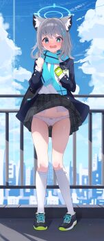 1girl :o absurdres accidental_exposure aqua_eyes aqua_scarf bitseon black_skirt blazer blue_archive blue_jacket blush bow bow_panties building commentary cross_hair_ornament earrings embarrassed full_body gloves gluteal_fold grey_hair hair_ornament halo highres id_card jacket jewelry kneehighs medium_hair mismatched_pupils nose_blush outdoors panties plaid_clothes plaid_skirt pleated_skirt polka_dot polka_dot_panties railing rooftop scarf school_uniform shiroko_(blue_archive) shirt shoes single_glove skirt skirt_flip sneakers socks solo stud_earrings underwear white_panties white_shirt white_socks wind
