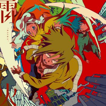 Rule 34 | 1girl, 2boys, album cover, bird, blonde hair, blue eyes, blue hair, blue pants, blush, breasts, building, circle formation, cityscape, clothes lift, cover, glasses, green pants, green shirt, hayato (idaten), heion sedai no idaten-tachi, highres, jacket, japanese text, lamppost, large breasts, long hair, long skirt, looking at viewer, looking away, multicolored hair, multiple boys, official art, open clothes, open jacket, open mouth, pants, paula (idaten), profile, red background, red skirt, semi-rimless eyewear, shirt, short hair, skirt, skirt lift, smile, smirk, smoke, smokestack, tareme, tree, twintails, two-tone hair, under-rim eyewear, v-shaped eyebrows, white shirt, yellow jacket, ysley