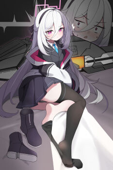 Rule 34 | 1girl, absurdres, barefoot, black thighhighs, blue archive, blush, boots, feet, fengqun, hairband, highres, kei (blue archive), long hair, looking at viewer, panties, pantyshot, parted lips, red eyes, see-through clothes, see-through legwear, shoes, socks, soles, thighhighs, toes, underwear, unworn boots, unworn shoes, unworn socks, white hair