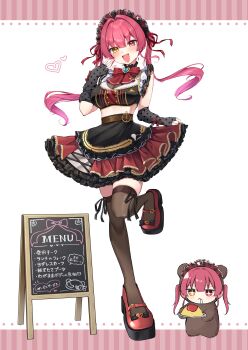 1girl :d absurdres alternate_costume apron black_apron black_gloves black_jacket bow bowtie breasts brooch buttons commentary_request cropped_jacket double-breasted fingerless_gloves frilled_apron frilled_skirt frills full_body gloves hair_ribbon hand_up heart heterochromia highres hololive houshou_kumarine houshou_marine jacket jewelry large_breasts layered_skirt long_hair looking_at_viewer maid_headdress mary_janes midriff miniskirt open_mouth pink_shoes platform_shoes polka_dot_gloves red_bow red_bowtie red_eyes red_hair red_ribbon red_skirt ribbon scarf_(50464982) shoes skirt skirt_hold sleeveless sleeveless_jacket smile solo standing standing_on_one_leg thighhighs twintails virtual_youtuber waist_apron yellow_eyes