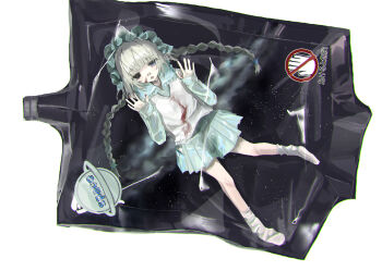 Rule 34 | 1girl, bag, blood, blood on clothes, blood on face, bonnet, braid, full body, hands up, hayu (hayu0305), highres, in bag, in container, long hair, long sleeves, looking at viewer, miniskirt, no shoes, open mouth, original, pleated skirt, skirt, sleeves past wrists, socks, solo, space, sweater vest, twin braids, white socks, white sweater vest