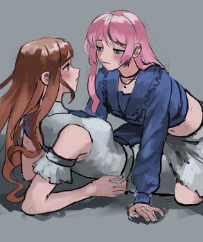 2girls absurdres bang_dream! bang_dream!_it&#039;s_mygo!!!!! black_choker blue_jacket breasts brown_hair chihaya_anon choker closed_mouth commentary detached_sleeves eye_contact ginkgo_doodles grey_background highres jacket long_hair looking_at_another medium_breasts midriff multiple_girls nagasaki_soyo pink_hair simple_background yuri