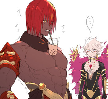 ... 2boys abs anger_vein ashwatthama_(fate) black_bow blue_eyes bow bubble_tea_challenge clenched_teeth collar commentary_request dark-skinned_male dark_skin eyeliner fate/grand_order fate_(series) karna_(fate) large_pectorals makeup male_focus multiple_boys muscular muscular_male orange_eyes pale_skin pectorals red_eyeliner red_hair spiked_collar spikes spoken_ellipsis teeth tofu_(bean359) white_hair