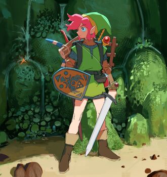 1boy absurdres boomerang boots bow_(weapon) bracelet brown_boots closed_mouth commentary earrings fairy full_body green_hat green_tunic hat highres holding holding_shield holding_sword holding_weapon jewelry ladder layered_sleeves link long_sleeves looking_to_the_side male_focus nintendo pink_hair pointy_ears potion shield short_over_long_sleeves short_sleeves solo standing sword the_legend_of_zelda the_legend_of_zelda_(nes) tunic vile_domple weapon