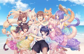 1boy 6+girls alternate_hairstyle animal_ear_fluff animal_ear_hairband animal_ears arm_behind_head arm_hug arm_strap armband azuki_(nekopara) beach bell blonde_hair blue_eyes blue_hair blue_nails blue_sky blush bow braid breasts brother_and_sister brown_eyes brown_hair bunny_ears_prank cat_ear_hairband cat_ears cat_girl cat_tail chocola_(nekopara) cinnamon_(nekopara) cleavage closed_eyes clothes_writing cloud coconut_(nekopara) crossed_arms day double_bun dress dress_bow english_text everyone eyewear_on_head fake_animal_ears fake_tail floral_print flower_print food-themed_hair_ornament food_print fraise_(nekopara) fruit_hair_ornament fruit_print game_cg girl_sandwich green_eyes green_nails group_hug group_picture hair_bun hair_ornament hair_scrunchie hairband hand_on_another&#039;s_cheek hand_on_another&#039;s_face hand_on_own_hip harem hat heart heart_print highres hug hug_from_behind hug_from_side jumping large_breasts lime_hair_ornament long_hair looking_at_viewer low_twintails maple_(nekopara) medium_breasts medium_hair minazuki_kashou minazuki_shigure multicolored_dress multiple_girls nail_polish neck_bell nekopara non-web_source ocean official_art one_eye_closed open_mouth orange_eyes orange_hair orange_nails outdoors own_hands_together pineapple_hair_ornament pink_hair pink_nails ponytail print_dress purple_hair sandwiched sayori_(neko_works) scrunchie short_hair shorts siblings side_ponytail sisters sky slit_pupils small_breasts smile standing striped_tail sun_hat sunglasses sunglasses_on_head swimsuit swimsuit_under_clothes tail tail_cuff tail_ornament tail_scrunchie teeth thigh_strap toenail_polish toenails twin_braids twins twintails upper_teeth_only v vanilla_(nekopara) water watermelon_hair_ornament waving wavy_hair white_hair wink wrist_scrunchie yellow_eyes yellow_nails