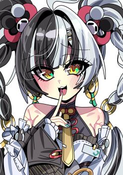 1girl bare_shoulders black_hair blush breasts commentary_request dialyn_(zenless_zone_zero) dress earrings highres jewelry looking_at_viewer medium_breasts multicolored_hair nail_polish open_mouth rukir777 smile solo split-color_hair white_dress white_hair yellow_eyes zenless_zone_zero