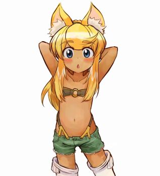 1girl :o aged_down animal_ears arms_behind_head arms_up bad_id bad_pixiv_id bandeau belt_bra blonde_hair blue_eyes blush boots chestnut_mouth collarbone cowboy_shot cutoffs dark-skinned_female dark_skin denim denim_shorts extra_ears female_focus flat_chest liru loli looking_at_viewer midriff navel nyama o-ring o-ring_top open_mouth renkin_san-kyuu_magical_pokaan shorts sidelocks simple_background solo strapless suspenders thigh_boots thighhighs white_background wolf_ears wolf_girl